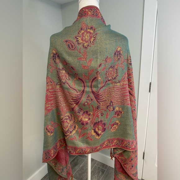 Peacock Reversible Pashmina Silk Large   Scarf Wrap Shawl Pink Mint - Picture 13 of 15